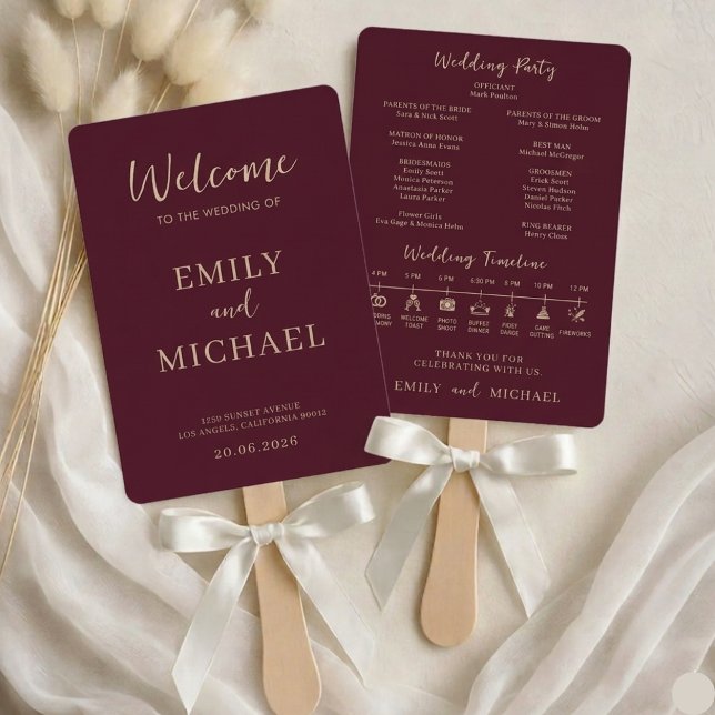 Burgundy Wedding Program Timeline Elegant Modern Hand Fan (Creator Uploaded)
