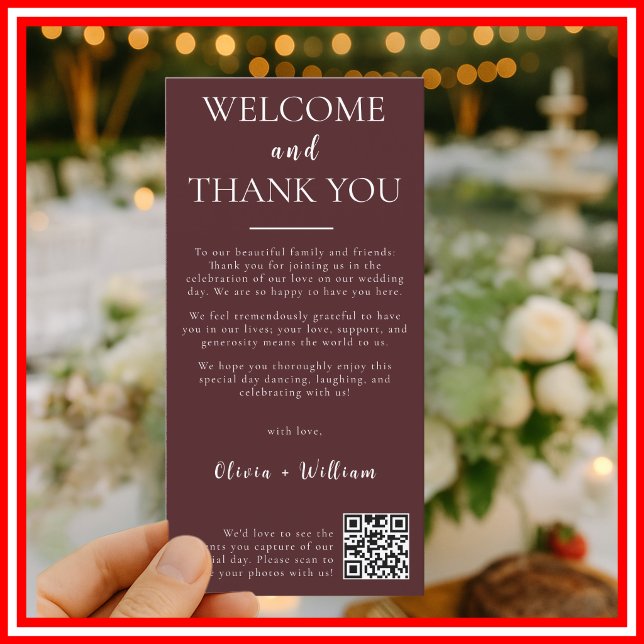 Burgundy Wedding QR Code Welcome & Thank You Card  (Creator Uploaded)