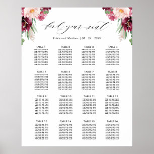 Burgundy Wedding Reception 16 Seating Chart Sign
