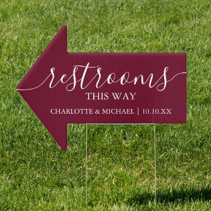 Burgundy Wedding Restrooms This Way Sign