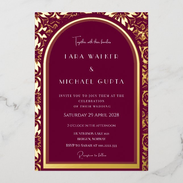 Burgundy Wedding (Retro-Dotted) Foil Invitation (Front)