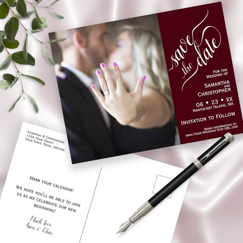 Burgundy Wedding Save the Date Photo  Calligraphy Announcement Postcard