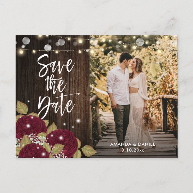 Burgundy Wedding Save The Date Photo Postcards (Front)
