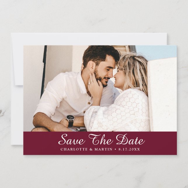 Burgundy Wedding Script Photo Save The Date Cards (Front)