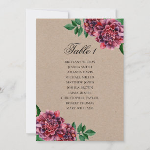 Burgundy wedding seating chart. Dahlia rustic plan Invitation