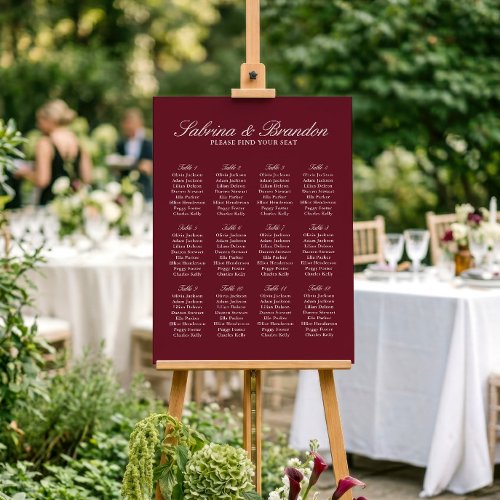 Burgundy Wedding Seating Chart Sign 12 Tables