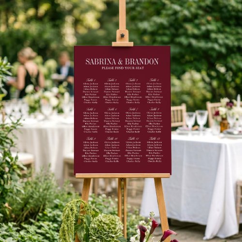 Burgundy Wedding Seating Chart Sign 12 Tables