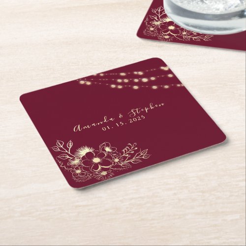 Burgundy Wedding Square Paper Coaster