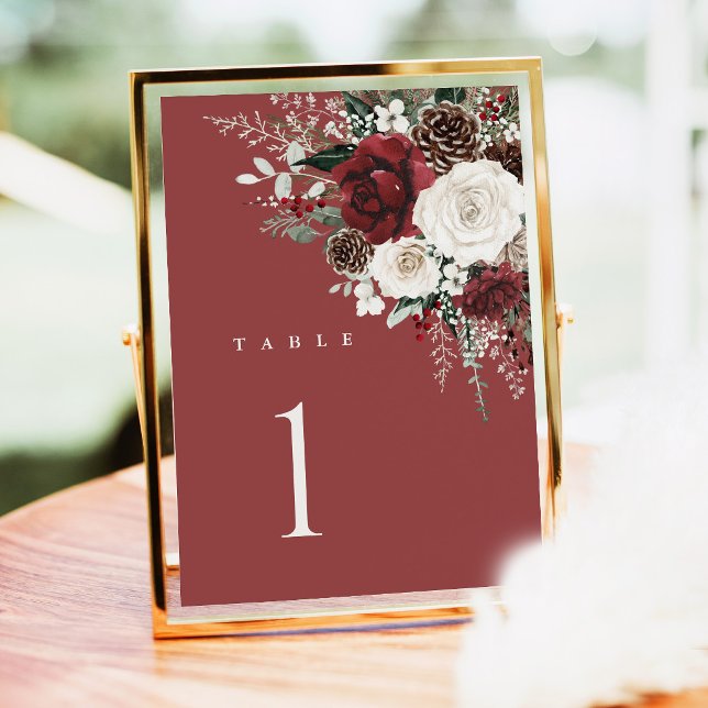 Burgundy Wedding Table Numbers, Winter Floral  (Burgundy winter floral wedding table numbers card, elegant holiday table number reception decor)