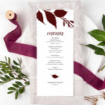 Burgundy Wedding Theme Menu Cards<br><div class="desc">These burgundy themed wedding menu cards offer a modern, minimalist design featuring simple leaf accents in a deep maroon shade—perfect for elegant evening events or a simple micro wedding. Use the wedding menu card template to easily customize menu items, guest names, and event details. Ideal for weddings, bridal showers, or...</div>