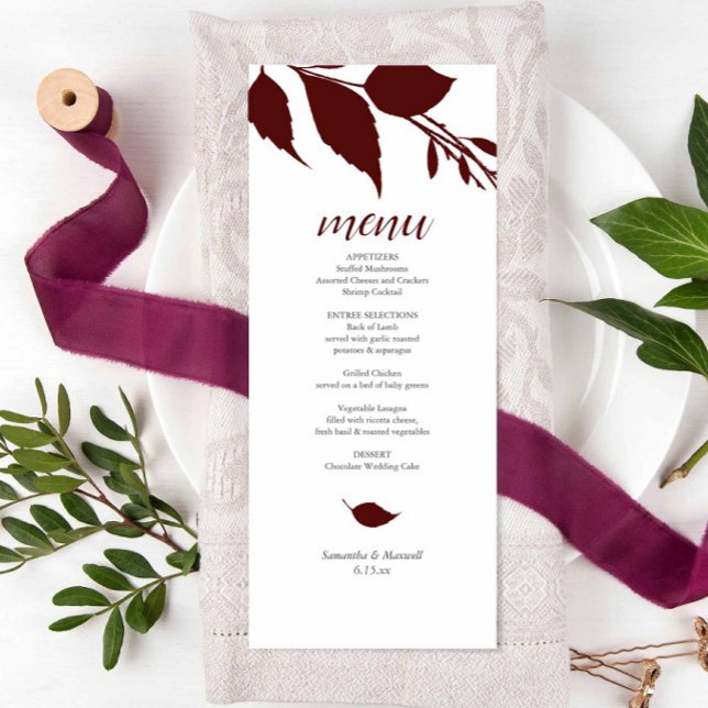 Burgundy Wedding Theme Menu Cards (Maroon wedding menu features burgundy leave art by Victoria Grigaliunas of Do Tell A Belle)