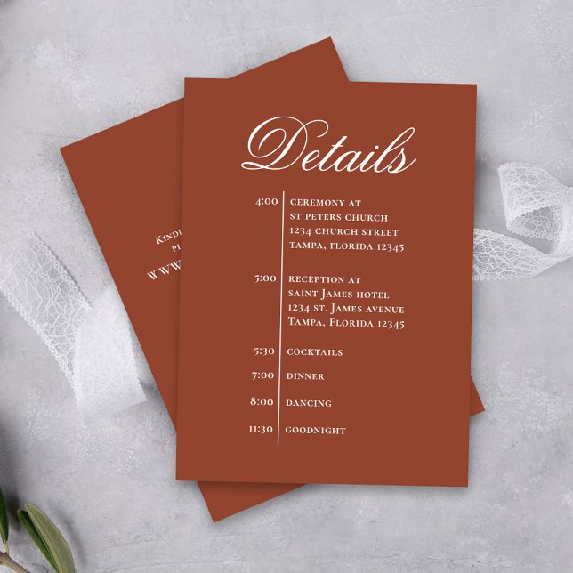 Burgundy Wedding Timeline Details Simple RSVP Enclosure Card (Wedding details timeline enclosure card with elegant burgundy solid colored background.)