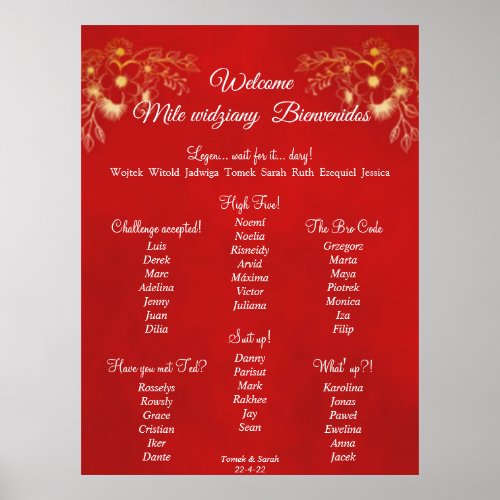 Burgundy wedding welcome poster and seating chart