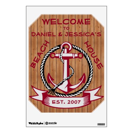 Burgundy Welcome Anchor On Natural Planks Sign Wall Sticker