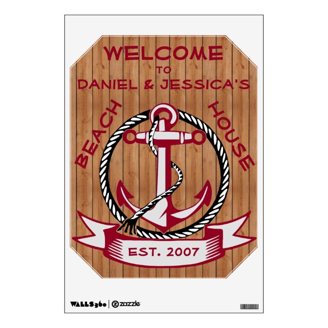 Burgundy Welcome Anchor on Natural Planks Sign Wall Sticker (Front)