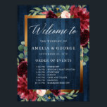 Burgundy welcome order of events wedding sign<br><div class="desc">This is a beautiful portrait poster welcome order of events wedding sign featuring script text and burgundy floral and gold frame.</div>