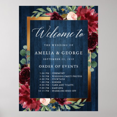 Burgundy welcome order of events wedding sign