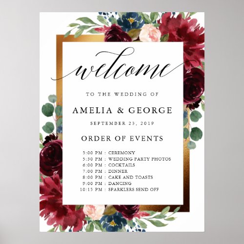 Burgundy welcome order of events wedding sign