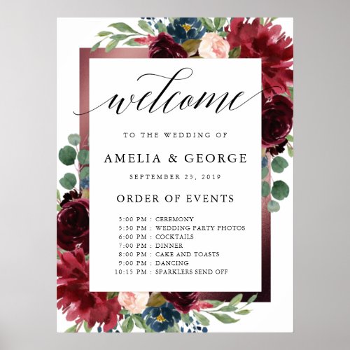 Burgundy welcome order of events wedding sign