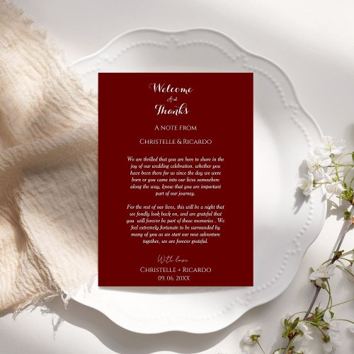 Burgundy Welcome   Wedding Thank you note 