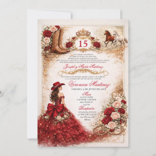 Burgundy Western Quinceañera Red Rose Cowgirl Invitation