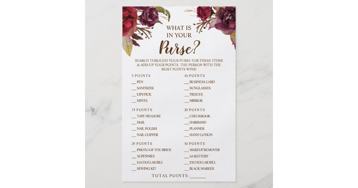 Burgundy What is in your Purse Shower Game Card Flyer | Zazzle