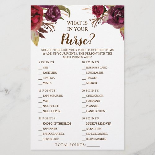 Burgundy What is in your Purse Shower Game Card Flyer