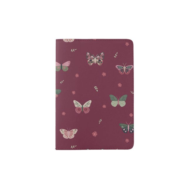 Burgundy Whimsical Butterflies Passport Holder (Front)
