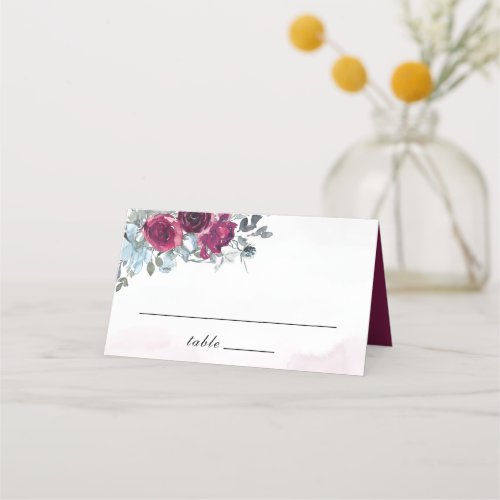 Burgundy White and Blue Roses Wedding Place Card