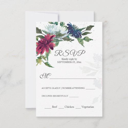 Burgundy White Blue Elegant Floral Wedding RSVP Card