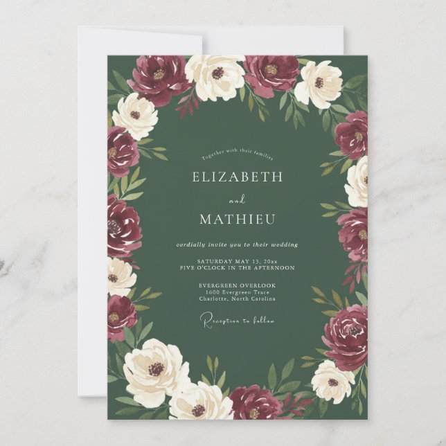 Burgundy White Botanical Romance Wedding Invitation (Front)