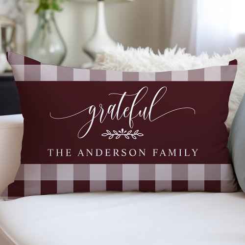 Burgundy White Buffalo Check Grateful Personalized Lumbar Pillow