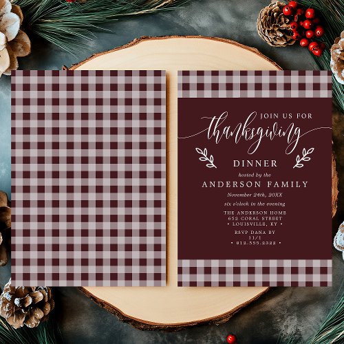 Burgundy &Amp;Amp; White Buffalo Check Thanksgiving Dinner Invitation