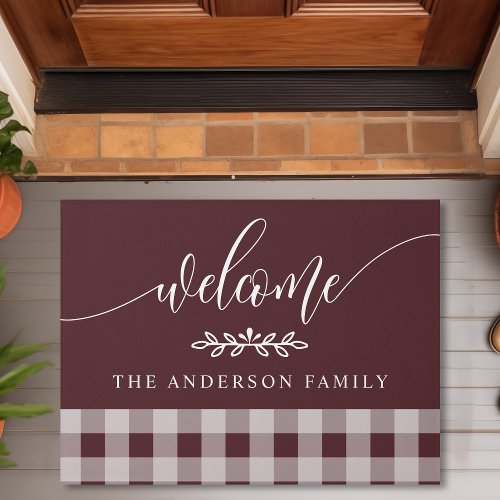 Burgundy White Buffalo Check Welcome Personalized Doormat