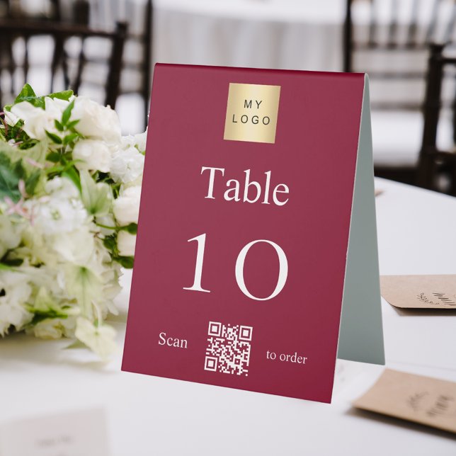 Burgundy white business logo QR code table number Tent (Creator Uploaded)