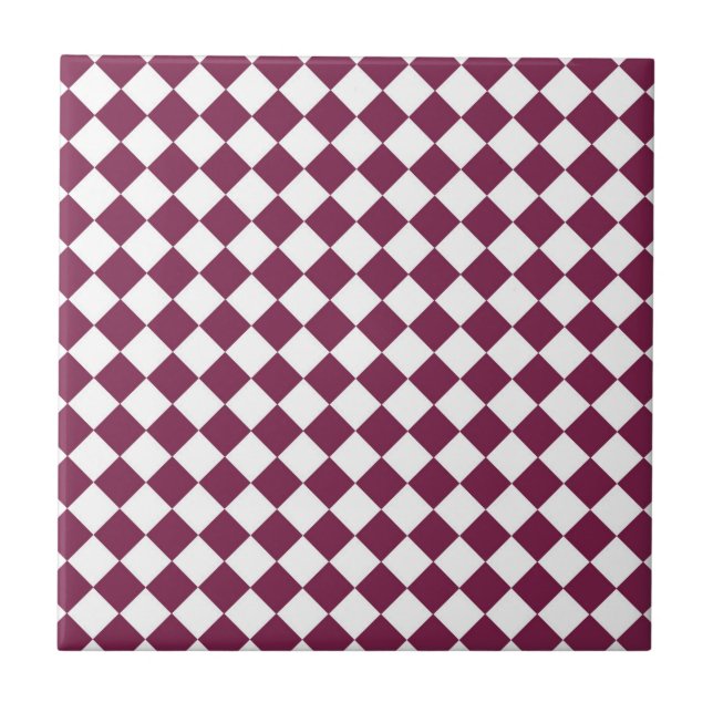 Burgundy White Checker Diamond Pattern Ceramic Tile (Front)