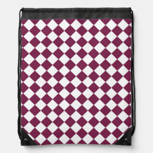 Burgundy White Checker Diamond Pattern Drawstring Bag