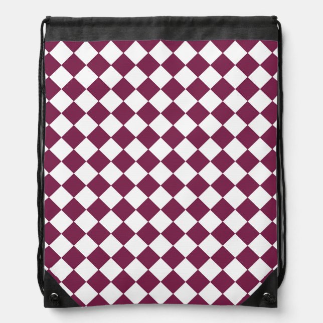 Burgundy White Checker Diamond Pattern Drawstring Bag (Front)