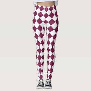 Burgundy White Checker Diamond Pattern Leggings