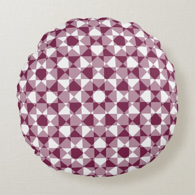 Burgundy White Checker Diamond Plaid Pattern Round Pillow (Front)
