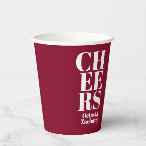 Burgundy White Cheers Modern Typography Wedding Pa Paper Cups