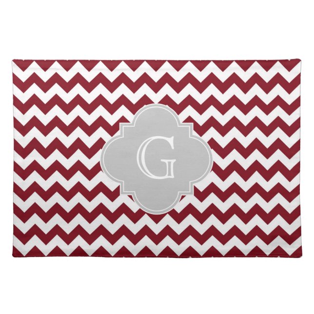 Burgundy White Chevron Gray Quatrefoil Monogram Cloth Placemat (Front)