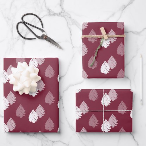 Burgundy White Christmas Tree Pattern Wrapping Paper Sheets