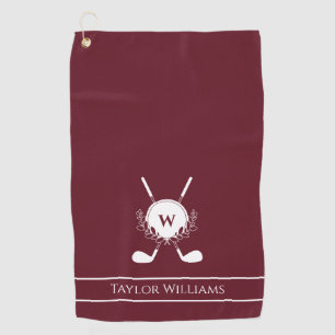 Burgundy White Crossed Golf Clubs Wreath Monogram Golf Towel
