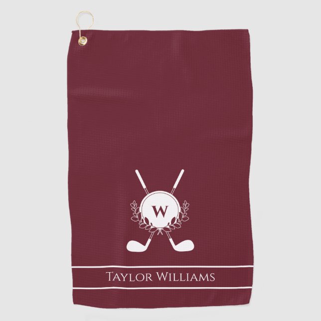 Burgundy White Crossed Golf Clubs Wreath Monogram Towel (Front)