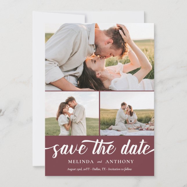 Burgundy White Elegant Bold Script Photo Collage Save The Date (Front)