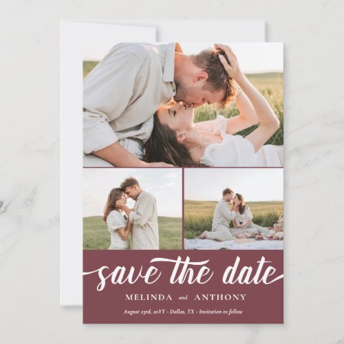 Burgundy White Elegant Bold Script Photo Collage Save The Date