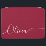 Burgundy White Elegant Calligraphy Script Name iPad Air Cover<br><div class="desc">Burgundy White Elegant Calligraphy Script Custom Personalized Add Your Own Name iPad Air Cover features a modern and trendy simple and stylish design with your personalized name or initials in elegant hand written calligraphy script typography on a burgundy background. Perfect gift for birthday, Christmas, Mother's Day and stylish enough for...</div>