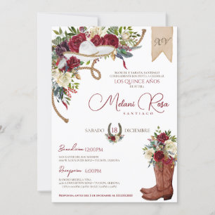 Burgundy White Elegant Charro Spanish Quinceañera Invitation