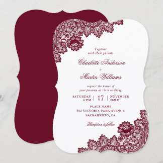 Burgundy White Elegant Floral Lace Wedding Invitation